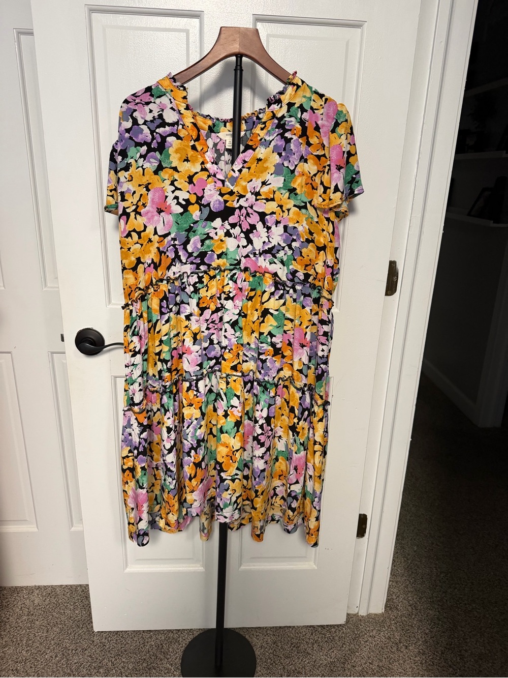 Terra & Sky Floral Tiered Dress in Yellow, Pink & Purple on Black OX 14W